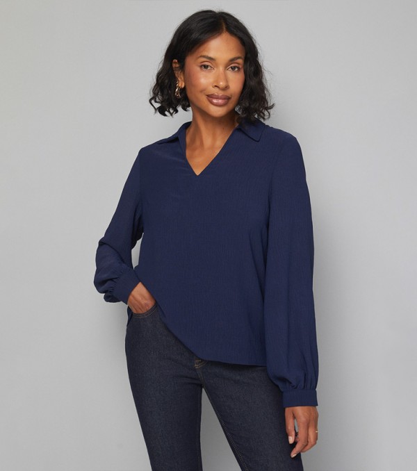 Textured Collared Long Sleeves Top