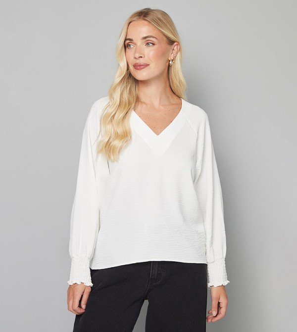 Petite Woven Shirred Cuff V-Neck Top