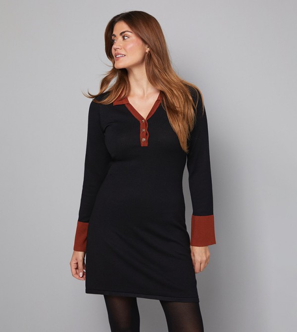 Contrast Detail Long Sleeves Knit Polo Dress