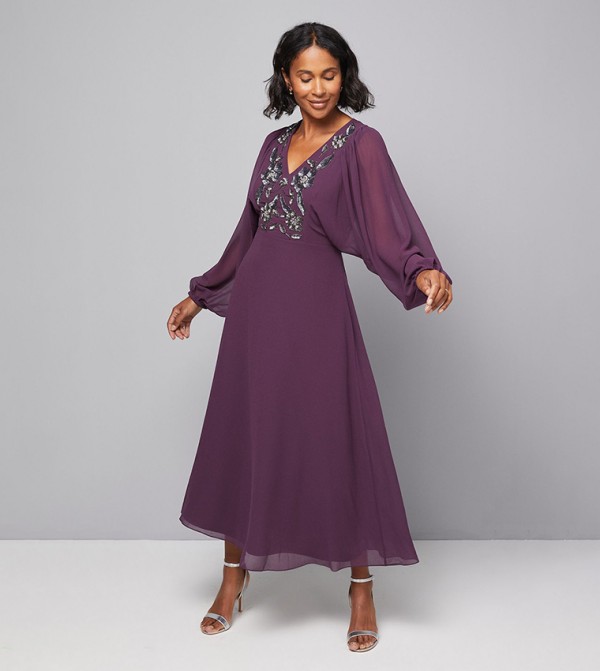 Embellished Balloon Sleeves Midi Dress