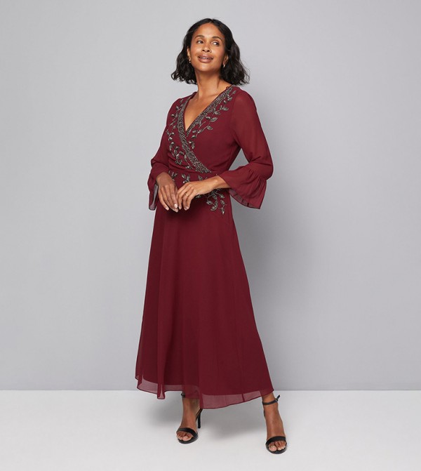 Embellished Wrap Flute Sleeves Midi Dress