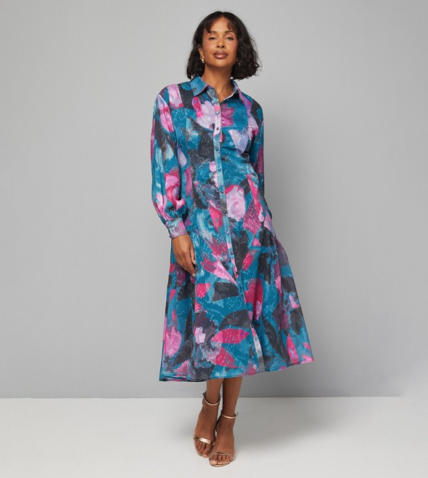 Floral Printed Jacquard Button Through Shirt Dress