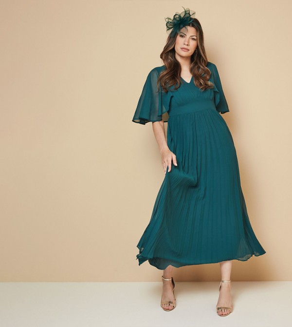 Pleated Cape Sleeves Midi Dress