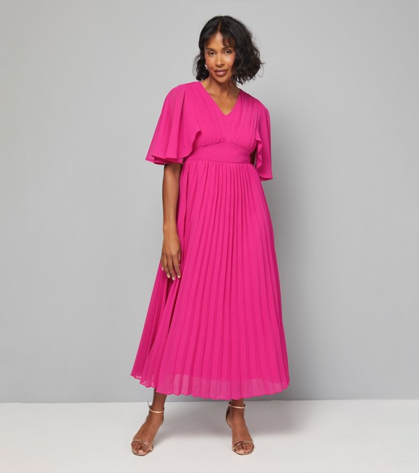 Pleated Cape Sleeves Midi Dress