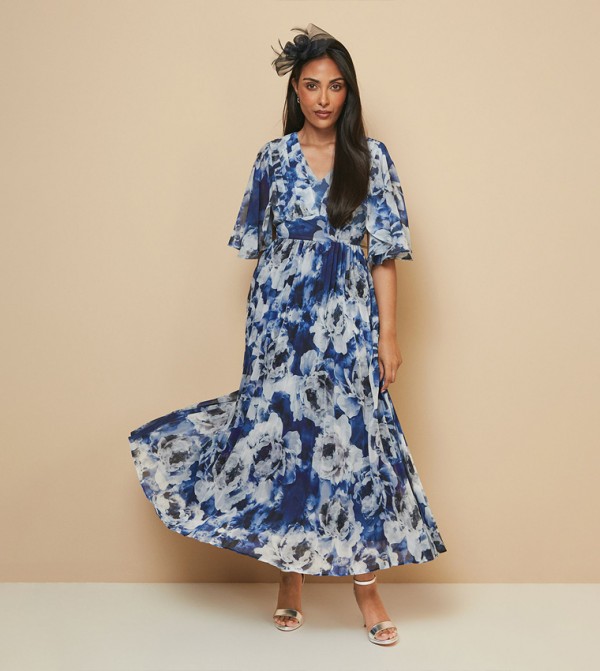 Petite Floral Print Pleated Cape Sleeves Midi Dress
