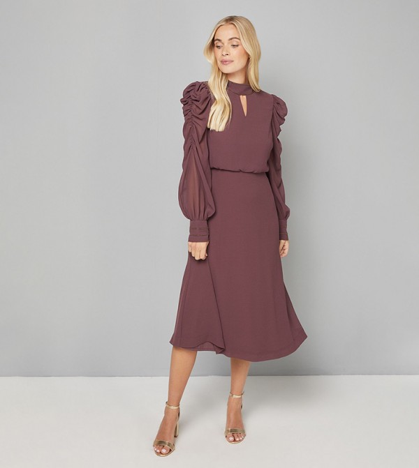 Petite Embellished Ruched Sleeves Midi Dress