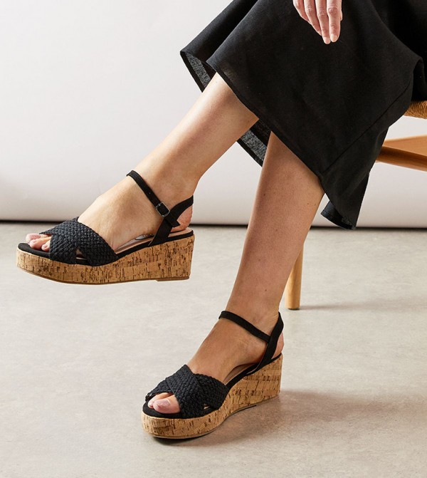 Rebecca Plaited Cross Strap Cork Effect Wedge Sandals