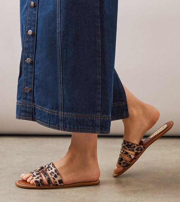 Lillie Faux Leopard Print Suede Metal Detail Flat Sandals