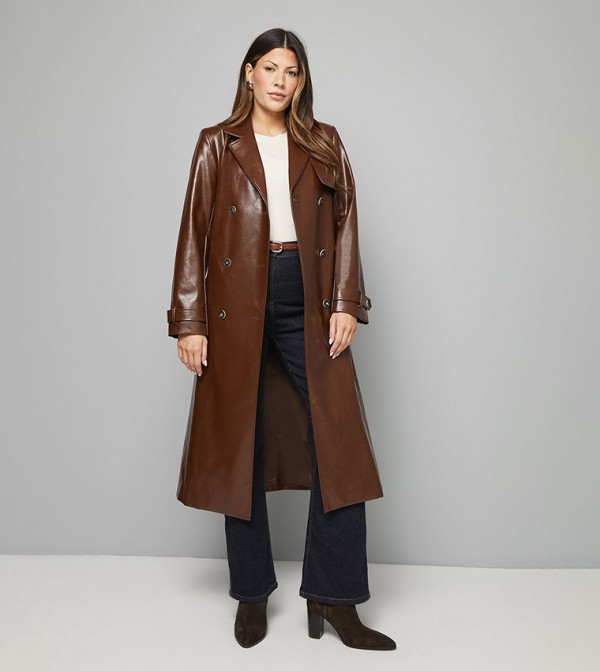PU Long Sleeves Trench Coat