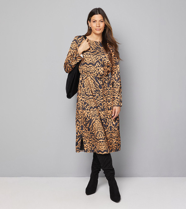 Animal Print Belted Column Dress