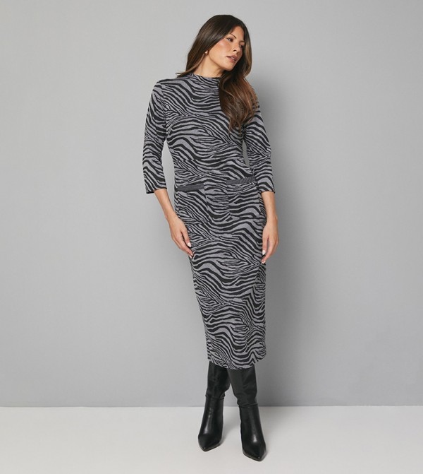 Animal Printed High Neck Ponte Pocket Midi Dress