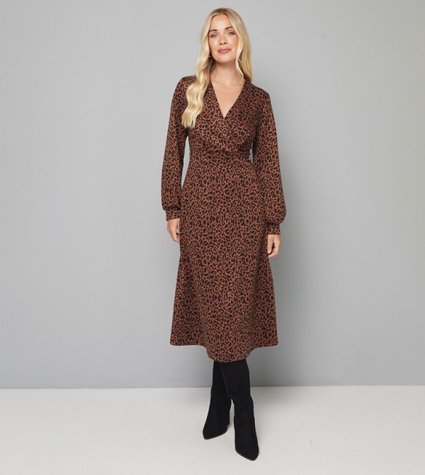Petite Leopard Printed Long Sleeves Wrap Dress