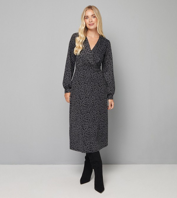 Petite Leopard Printed Long Sleeves Wrap Dress