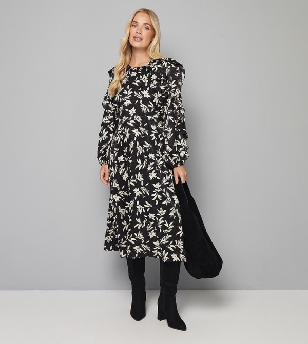 Petite Floral Print Satin Jacquard Ruffle Midi Dress