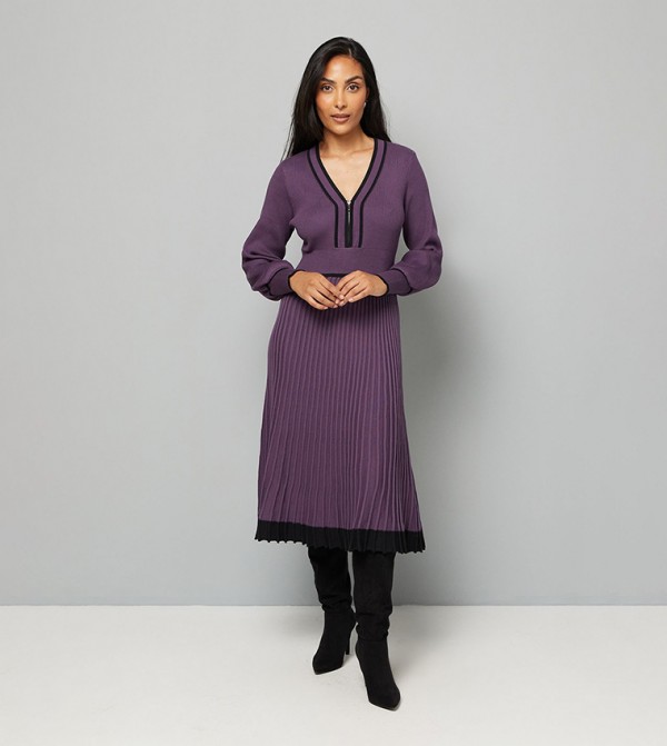 Petite Zip Front Pleated Midi Dress