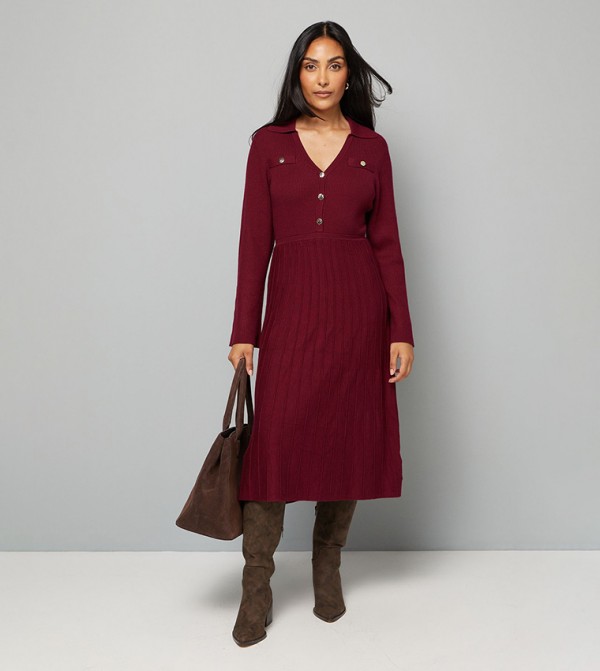 Petite Statement Button Pleated Knitted Dress