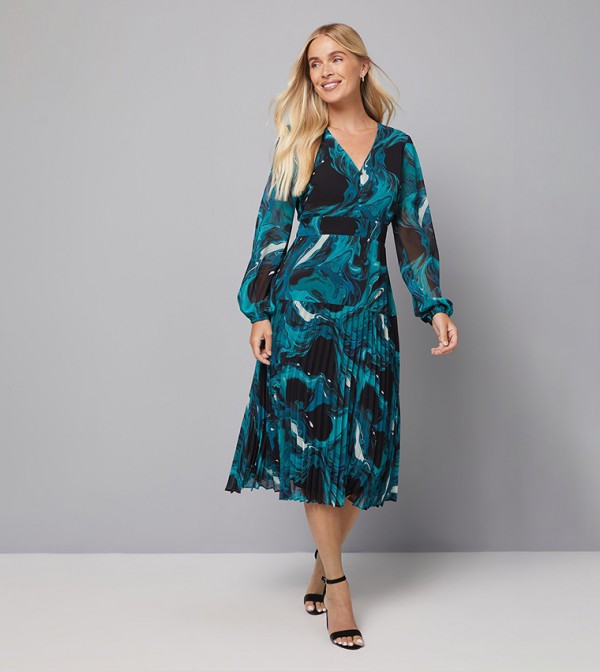Petite Printed Chiffon Button Detail Midi Dress