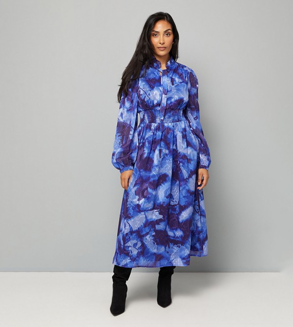Petite Floral Print Shirred Waist Midi Dress