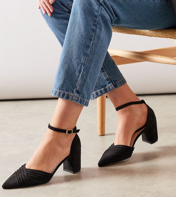 Carolina Faux Suede Rouche Detail Block Heel Pumps