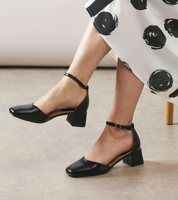 Fernanda Faux Leather Square Toe Low Block Heel Pumps