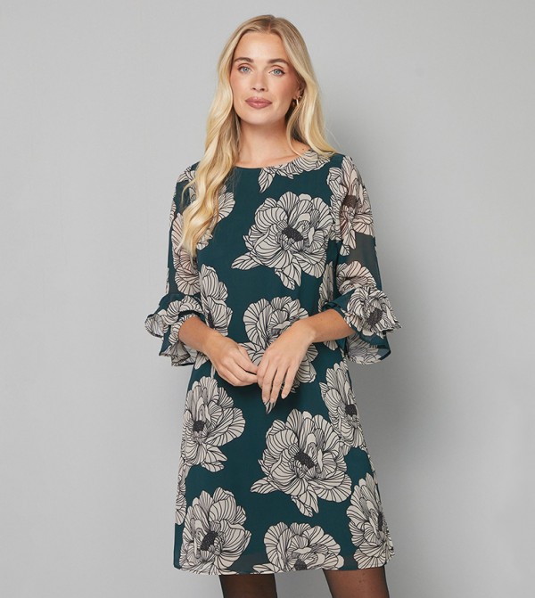 فستان ميني شيفون بطبعة ورود وكسرات للمقاسات الصغيرة