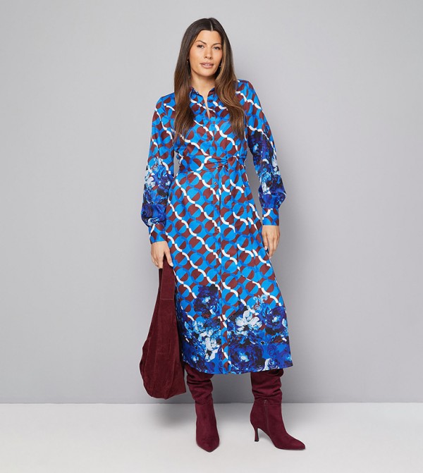 Geo Floral Print Tie Back Midi Shirt Dress