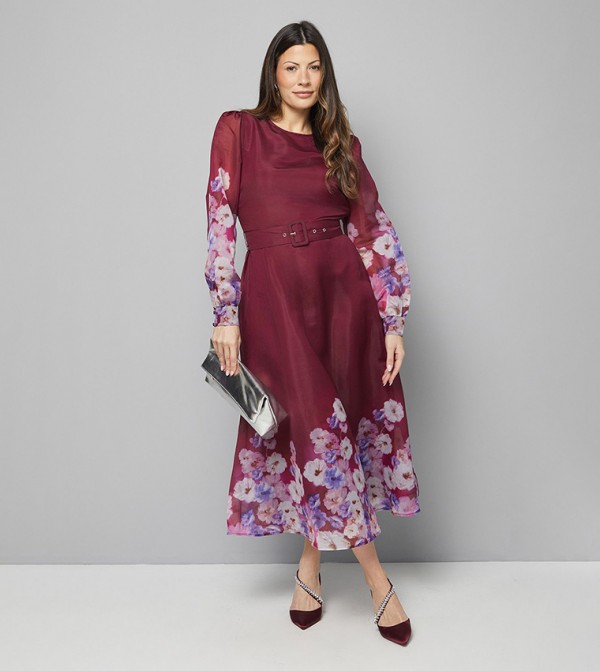 Organza Floral Print Belted Midi Dress