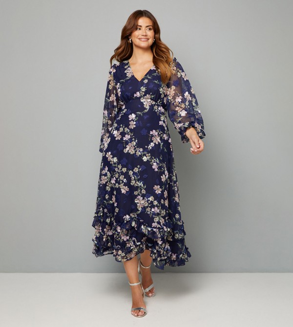 Floral Print Satin Ruffle Hem Midaxi Dress