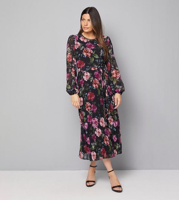 Floral Print Pleated Midi Dress