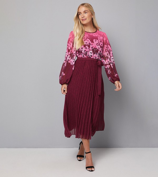 Petite Trailing Floral Printed Pleated Midi Dress