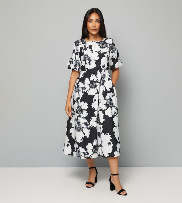 Petite Floral Print Puff Sleeves Twill Midi Dress