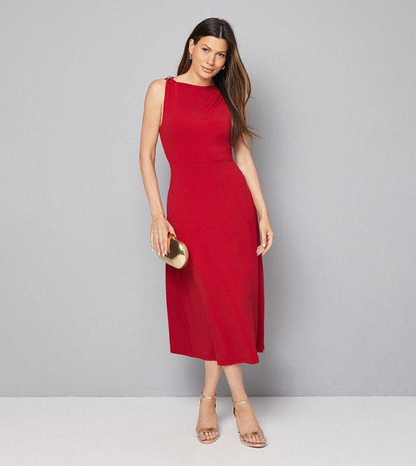 Solid Jersey Trim Detail Midi Dress