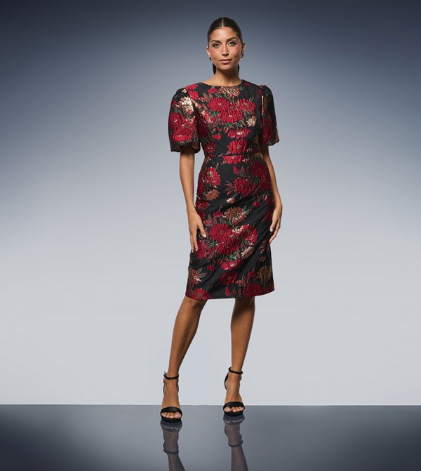 Floral Jacquard Volume Sleeves Midi Dress