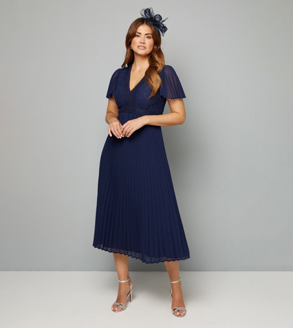Lace Pleated Skirt Midi Dress