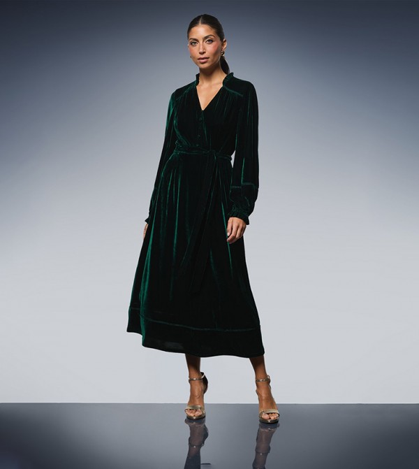 Velvet Tie Belt Button Down Midi Dress