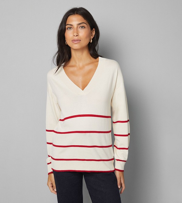Striped Placement V-Neck Knitted Sweater