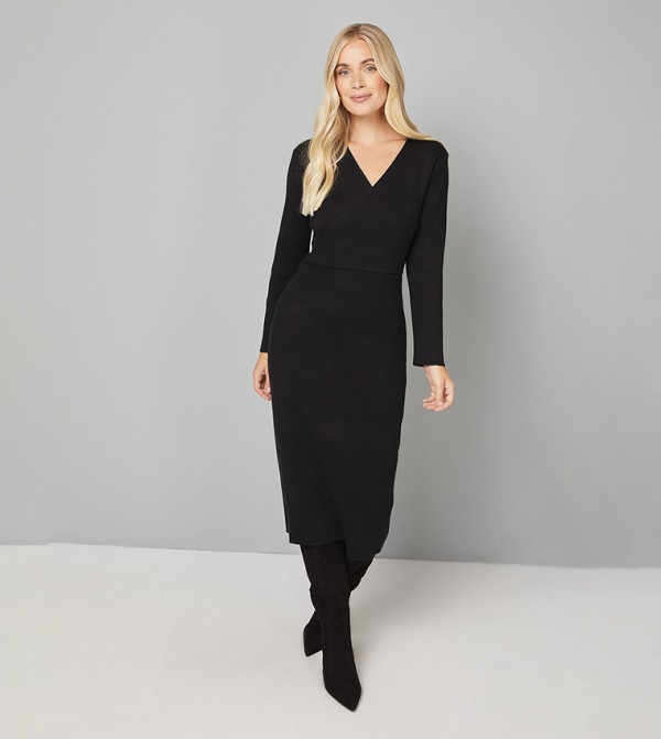 Petite Asymmetric Ribbed Knitted Midi Dress