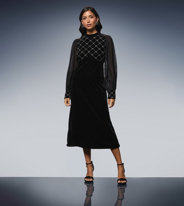 Velvet Embellished Midi Dress