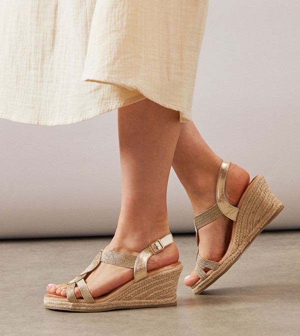 Raine Rope Detail T-Bar High Espadrille Wedge Sandals