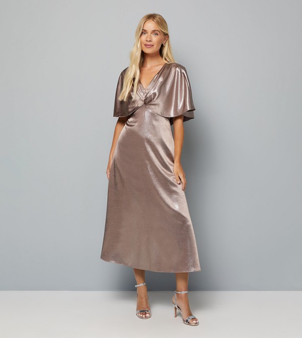 Petite Metallic Cape Sleeves Detail Midi Dress