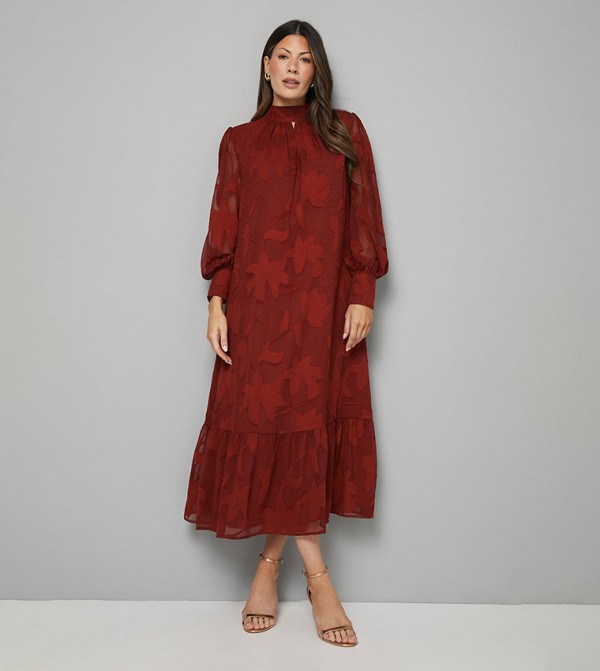 High Neck Jacquard Tie Back Midi Dress