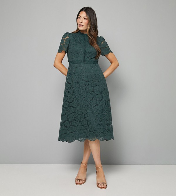 High Neck Lace Fit and Flared Midi Dress