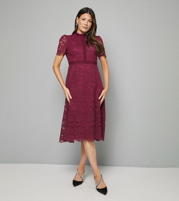 High Neck Lace Fit and Flared Midi Dress