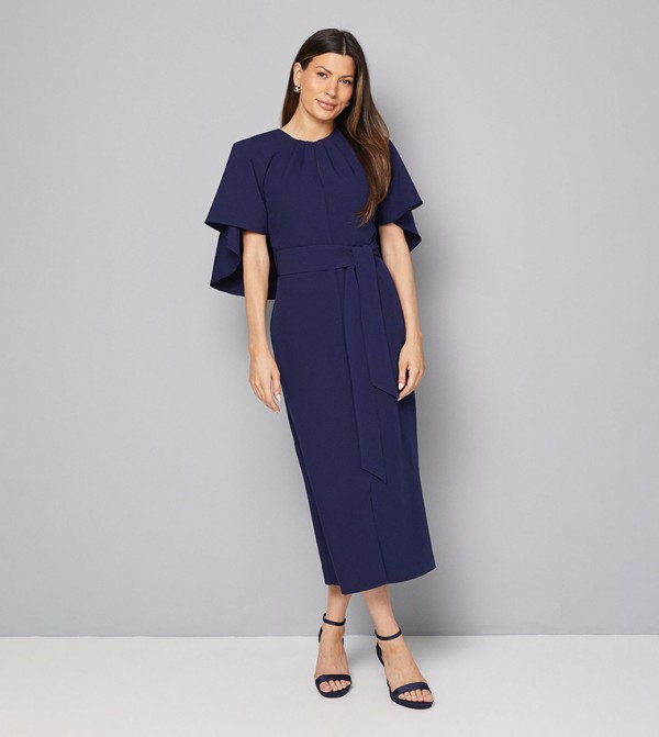 Woven Cape Belted Pencil Midi Dress