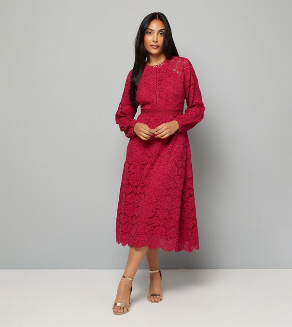 Petite Lace Long Sleeves Fit & Flare Midi Dress