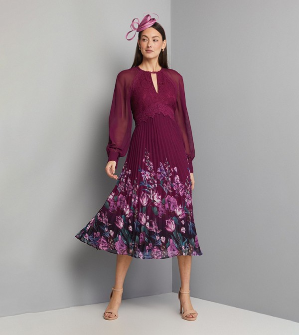 Occasion Lace Insert Pleated Midi Dress