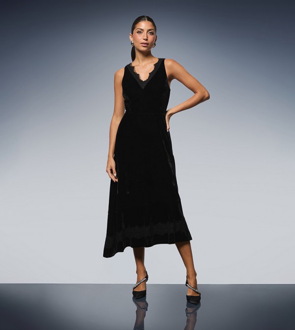 Velvet Lace Insert Midi Dress