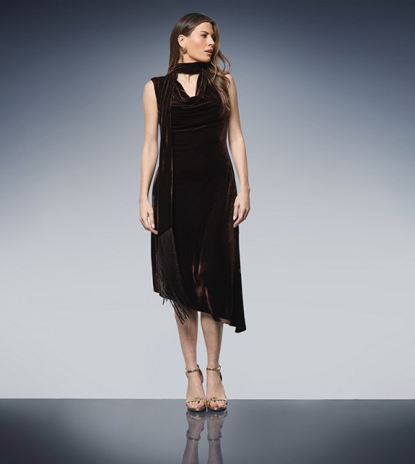 Velvet Tie Neck Tassel Midi Dress