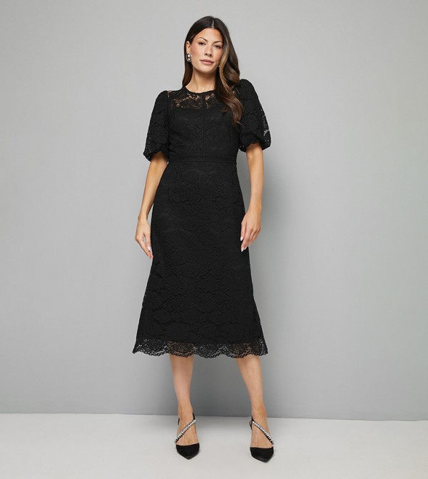 Lace Puff Sleeves Midi Dress