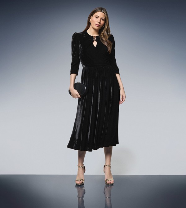 Velvet Embellished Pleated Midi Dress